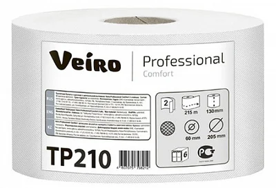 Туалетная бумага в рулоне VEIRO Professional Comfort 2 слойная белая с центральной вытяжкой 215 м (артикул производителя ТP210) — фото 1